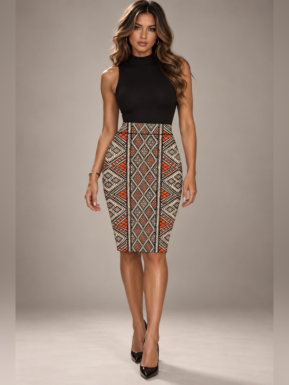 BCBGMaxAzria Body corn Orange and Cream Geometric Pencil Skirt